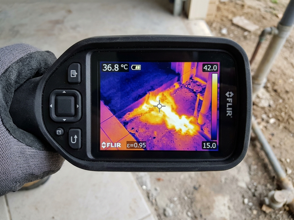 Thermal imaging inspection locating hot water slab leak beneath concrete foundation in Napa