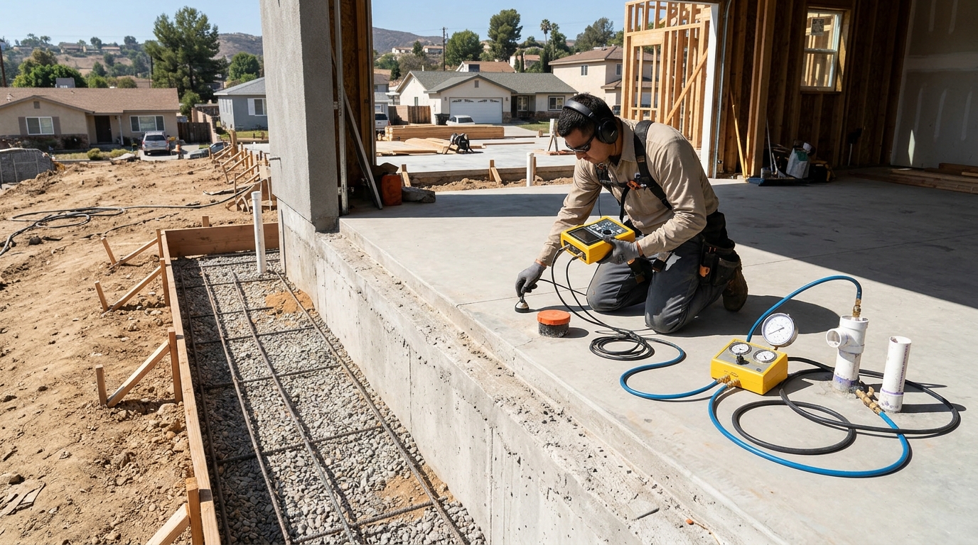Plumbing technician conducting slab leak repair and pipe pressure testing in Napa California